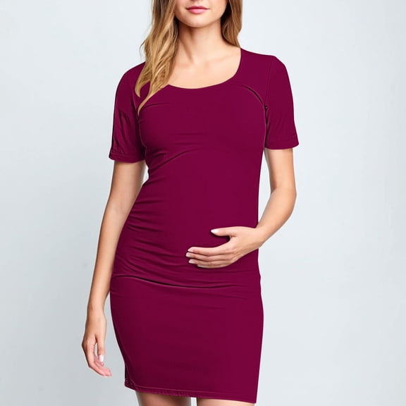 Maternity Dress for Photo Shoot, Off Shoulder Pleated Mid Calf Dress, Soft Stretch Jersey for Pregnancy, Baby Shower & Casual Wear