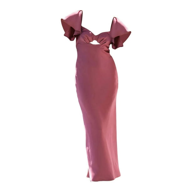 Vestido largo ajustado de manga corta y color liso para mujer - Vestido de cóctel informal - Material de poliéster - Tallas S/M/L/XL