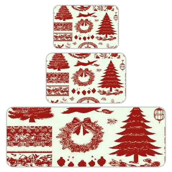 RKSupls Kitchen Rug Set 3 Piece Anti-Slip Flannel Floor Mats, Red Christmas Toile Washable Absorbent Runner Mats for Kitchen Bathroom Home Decor