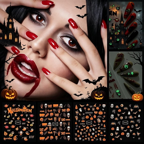 Qocolcyl Halloween Glow in The Dark Nail Stickers, Cute Ghost, Pumpkin, Witch Nail Art Decals, Waterproof Self-Adhesive Stickers for Halloween Party