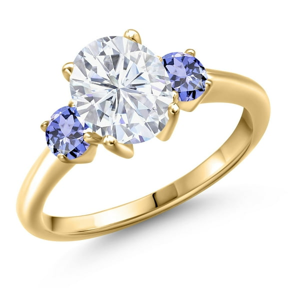 Gem Stone King 10K Yellow Gold White Moissanite and Blue Tanzanite Engagement Ring for Women | 2.70 Cttw | Oval 9X7MM | Gemstone Birthstone | Size 5