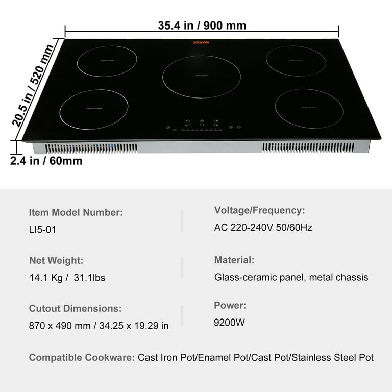 BENTISM 36 inch Electric Cooktop 5 Burners Ceramic Glass Stove Top Touch Control 9200W 9 Heat Levels Built in Electric Stove