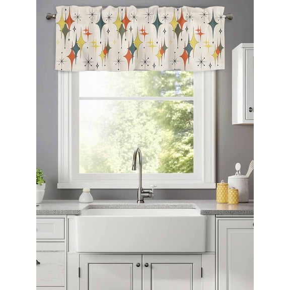 Yellow Red Geometric Bohemian Valances for Windows,Kitchen Valance Rod Pocket Short Curtain,Vintage Mid Century Valance Curtain Window Valances for Bedroom Living Room 42x12in