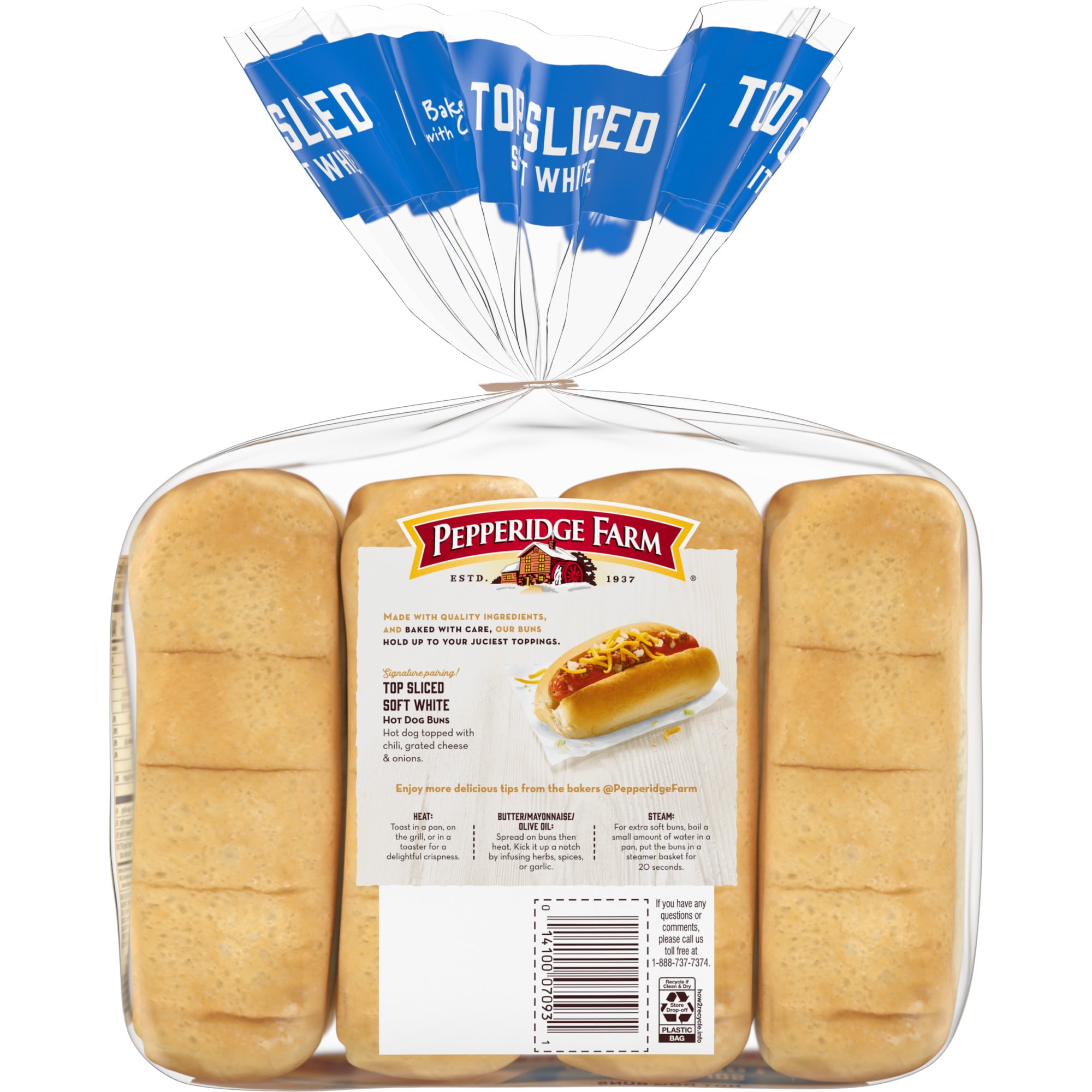Pepperidge Farm White Hot Dog Buns, Top Sliced, 8-Pack Bag