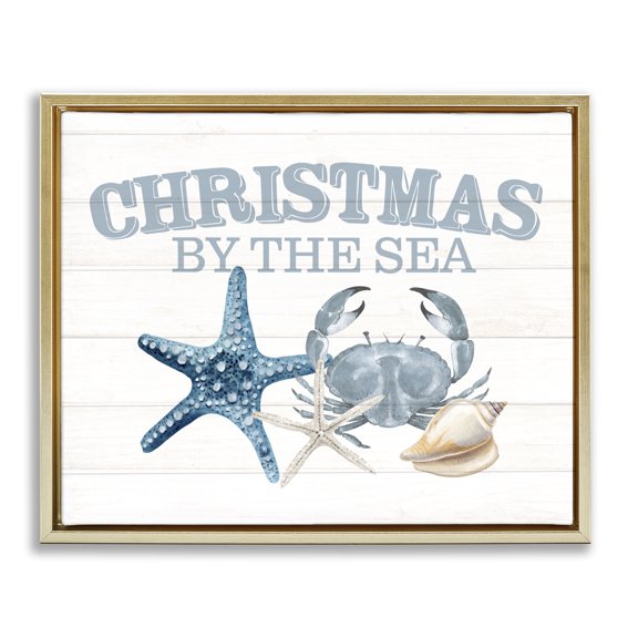 Stupell Industries Farmhouse Christmas By The Sea Nautical Gold Floating Frame Canvas Art, 31 x 25, by Kim Allen