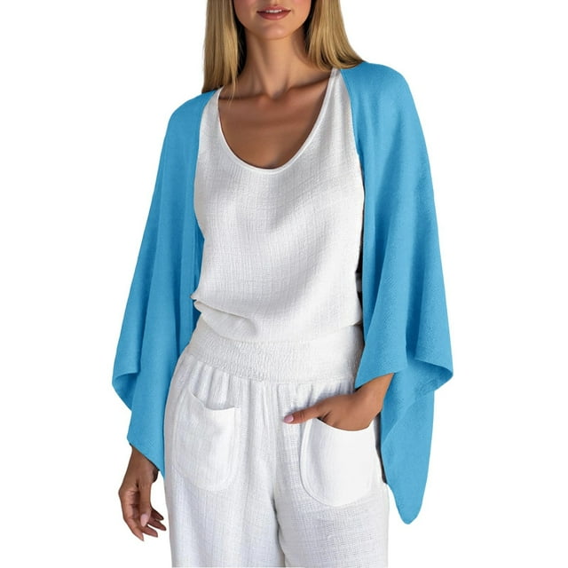 KIHOUT Women's Fashion Cardigan Shrug 3/4 Sleeve Open Front Solid Color Loose Lightweight Cover Ups