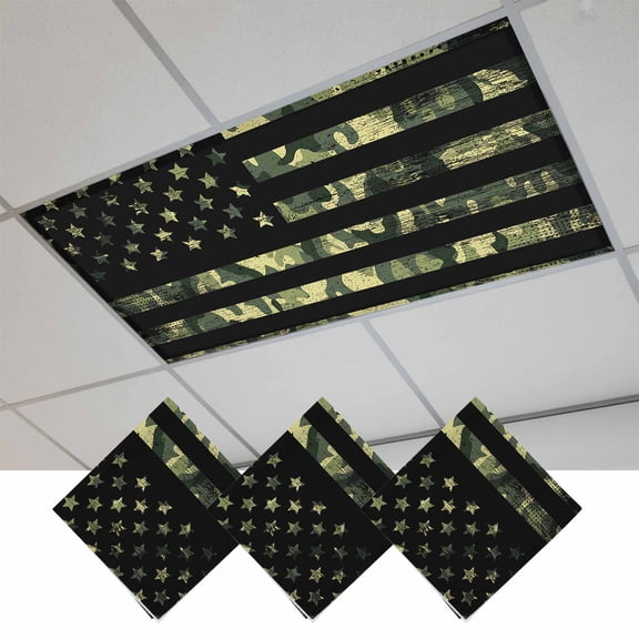 Green American Flag Fluorescent Light Covers, Wooden Grain Magnetic Light Covers for Ceiling Lights, Fluorescent Ceiling Shade Filters for Classroom Bedroom Office 4x2Ft x 3PCS