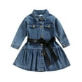 thumbnail image 1 of Diconna Robe Bébé Fille Printemps Automne 2-7 Ans Manches Longues denim Col à Revers Boutons Taille Haute Cordons de Serrage Ample Décontractée Soirée Midi Vêtements, 1 of 7