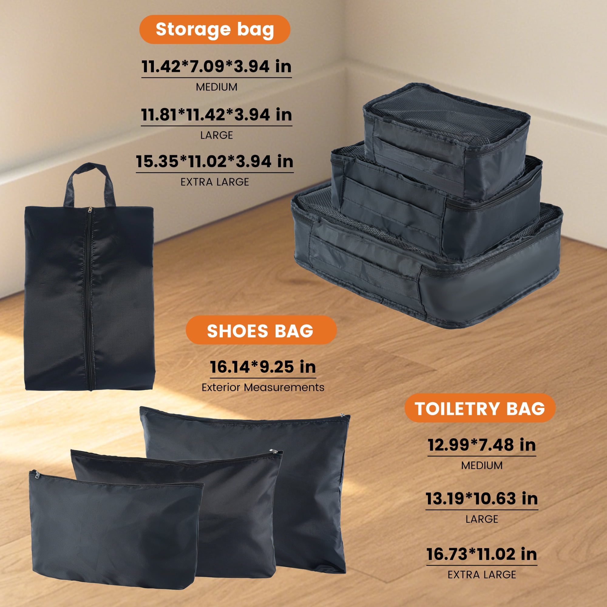Tripcomp 11 Piece Hardshell Luggage Set, 20/24/28 Inch Carry On Spinner Suitcase with Packing Cubes Toiletry Bag, Lightweight Durable Travel Suitcase Smooth Rolling Wheels,Black