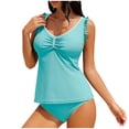 thumbnail image 3 of QIUOMBBP Womens Two Piece Tankini Bathing Suit Flowy Ruffle Crew Neck Padded Swim Top with Bikini Bottoms Modest Swimsuit for Beach Vacation Light Blue L, 3 of 10