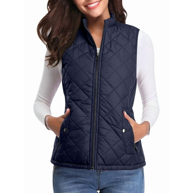 Chaleco Acolchado con Cuello Alto, Cremallera y Bolsillos para Mujer Azul Oscuro XL