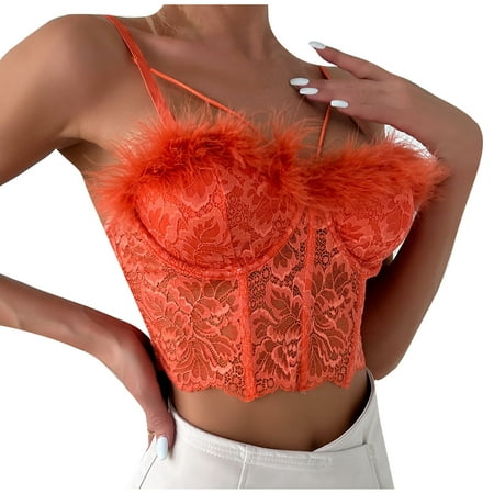 RYRJJ Womens Summer Lace Bustier Mesh Floral Embroidery Sexy Vintage Spaghetti Strap Corset Going Out Party Camisole Crop Top Orange M