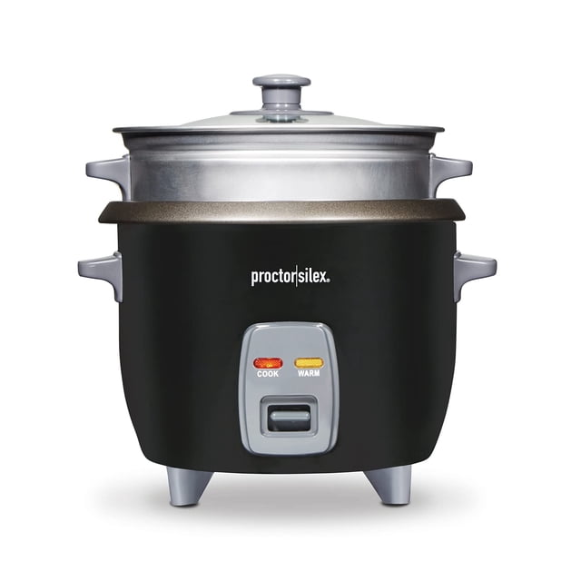 Proctor Silex Olla arrocera y vaporera de alimentos, 6 tazas cocidas (3 tazas sin cocer), incluye cesta de vapor y enjuague, negro (37510)