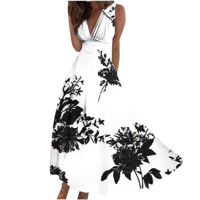 Robe d'Été Décontractée pour Femmes, Robe Décontractée pour Femmes, Robe Sans Manches à Col en V Imprimée à Grand Ourlet pour Femmes