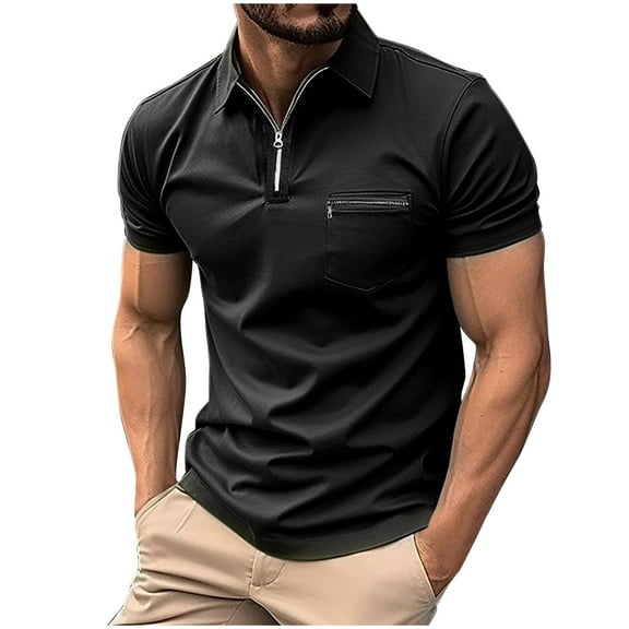 IYTR Mens Leisure Zipper Shirt With Pocket Casual Solid Color Comfy Summer Fashion Short Sleeve Shirts Loose Lightweight Tops Lapel Black XL