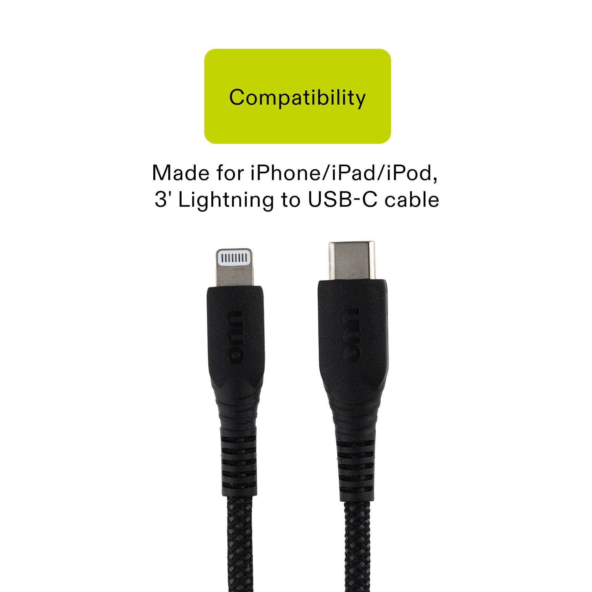onn 3-Foot Braided Lightning to USB-C Cable, Black photo 3