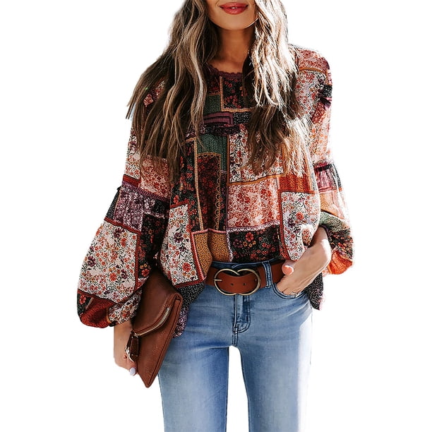 Qarigey Camisa de poliéster para mujer Cuello Llanura Adorable Manga casquillo Lavable a mano Blusa bohemia Camisas para interiores y exteriores Type2 NO2 Qarigey AP000088-16B