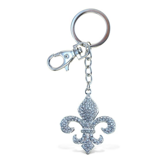 Aqua79 Fleur De Lis Keychain - Silver 3D Sparkling Charm Rhinestones Fashionable Stylish Metal Alloy Durable Key Ring Bling Crystal Jewelry Accessory Clasp For Key Chain, Bag, Purse, Backpack, Handbag