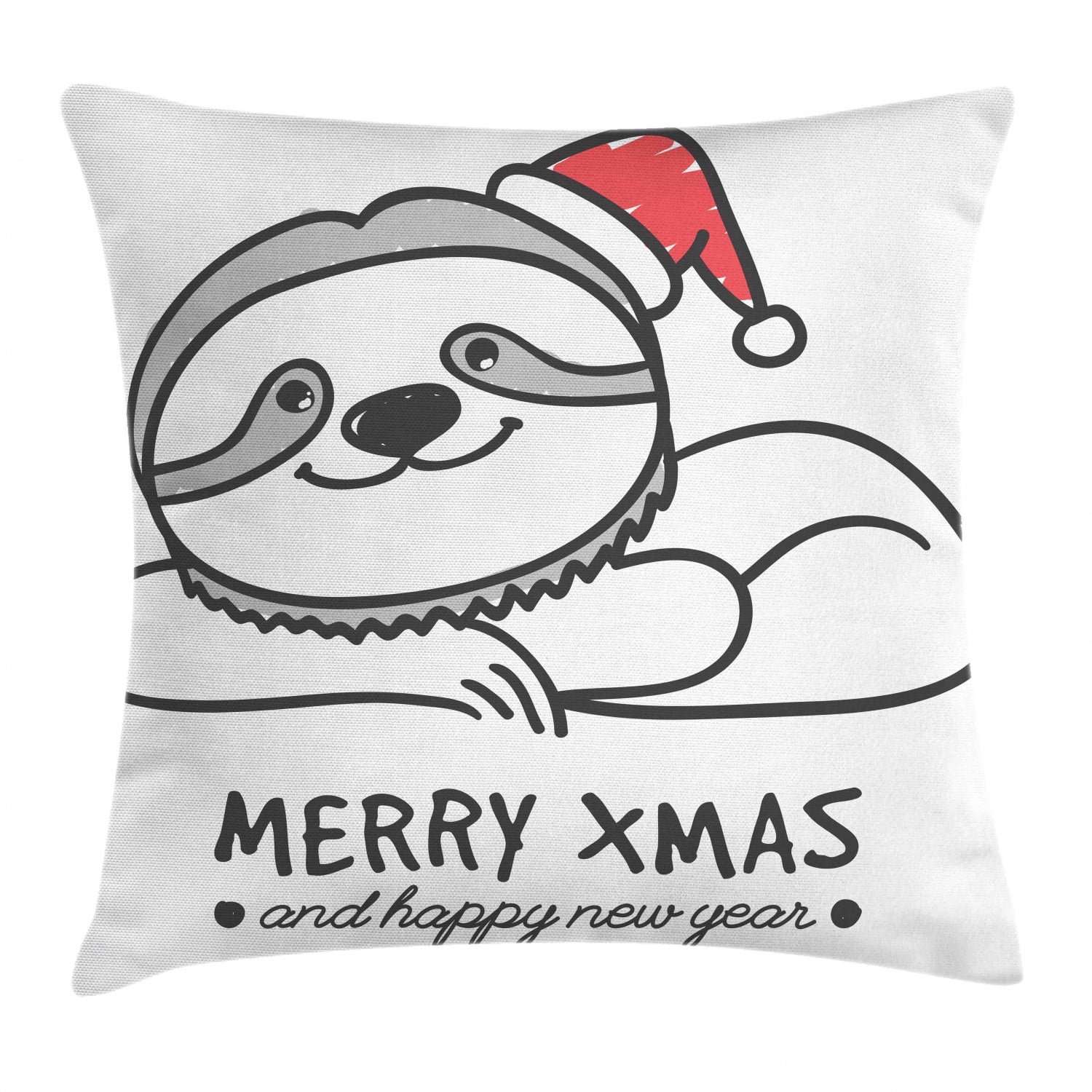 Sloth Throw Pillow Cushion Cover, Smiling Cute Sloth with Christmas Hat Merry Xmas and Happy New