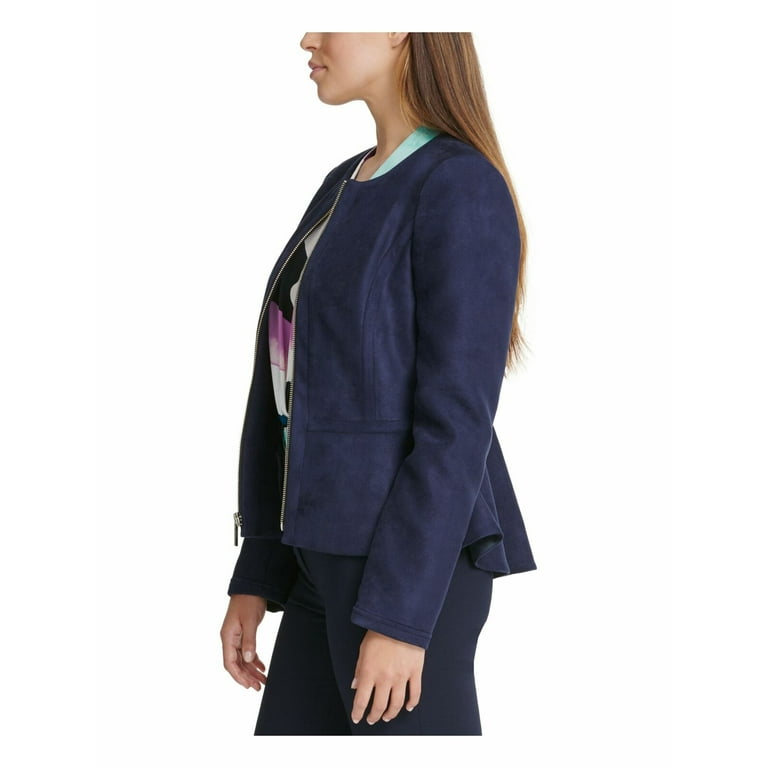 DKNY Women s Blazer Textured Suede Zip Front Peplum Jacket Classic Blue 12P 139