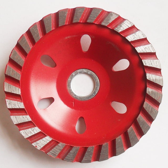 disco de copa de de muela de diamante piedra de herramienta de mampostería de 100 mm soledad rectificadora Disco copa de 4" (100 mm) rojo con borde segmentado de aleación (segmento 4 mm), perforación central metálica (22 mm/16 mm con adaptador), seis ranuras de alivio y vista frontal centrada sobre fondo claro; diseñado para pulir y moler concreto, mármol y granito; también suele usarse para biselar cantos en proyectos de bricolaje.