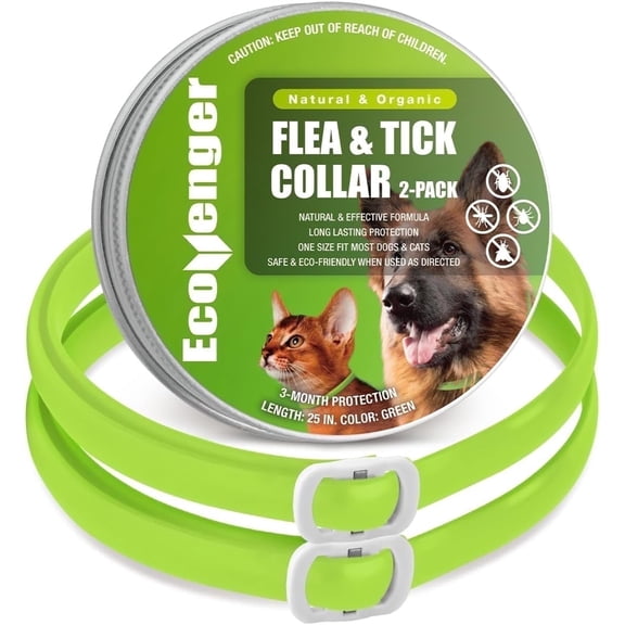 EcoVenger Flea & Tick Collar Repellent 2 Pack Green, Fits Both Dogs & Cats Built-in Plant-Based Formula, Strong Repellency Slow Release, Lasting Deterrence and Protection, Pleasant Aroma, Waterproof