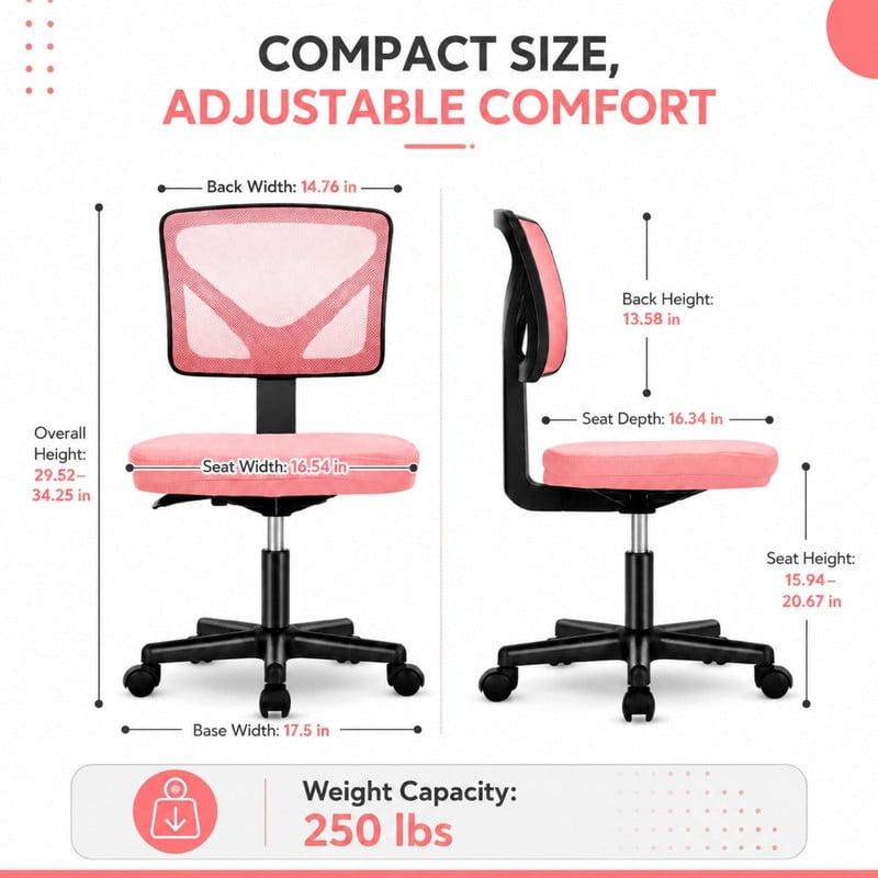 BEAUTYPEAK Desk Chair with Y-Shaped Lumbar Support Adjustable Armless Mesh Office Chair with Wheels for Home Office, Pink