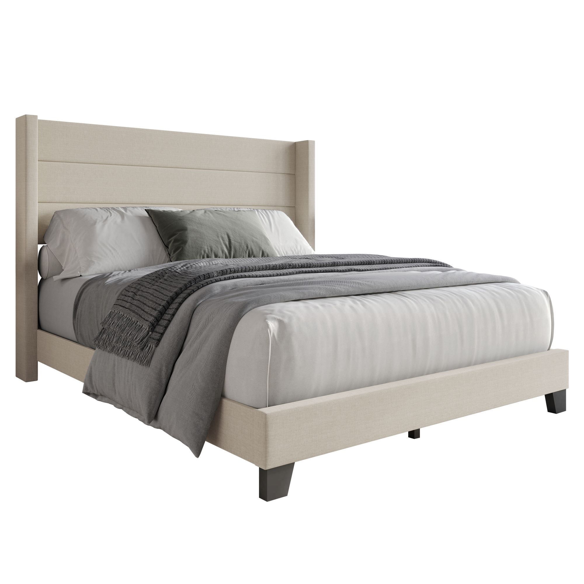 Home Design Niles Twin Upholstered Panel Bed Frame with Wingback Headboard and Foam-Padded Support, Beige, Easy Assembly