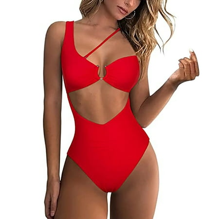 Sexy Womens One Shoulder Swimwear Cutout Ruched Back High Cut Monokini One Piece Swimsuit Summer Beach Bathing Suit
