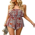 thumbnail image 1 of Women‘s Boho Romper Off Shoulder Elastic Waist Ruffle Shorts Jumpsuit Strapless Playsuit Flowy Beach Jumpsuit, 1 of 6