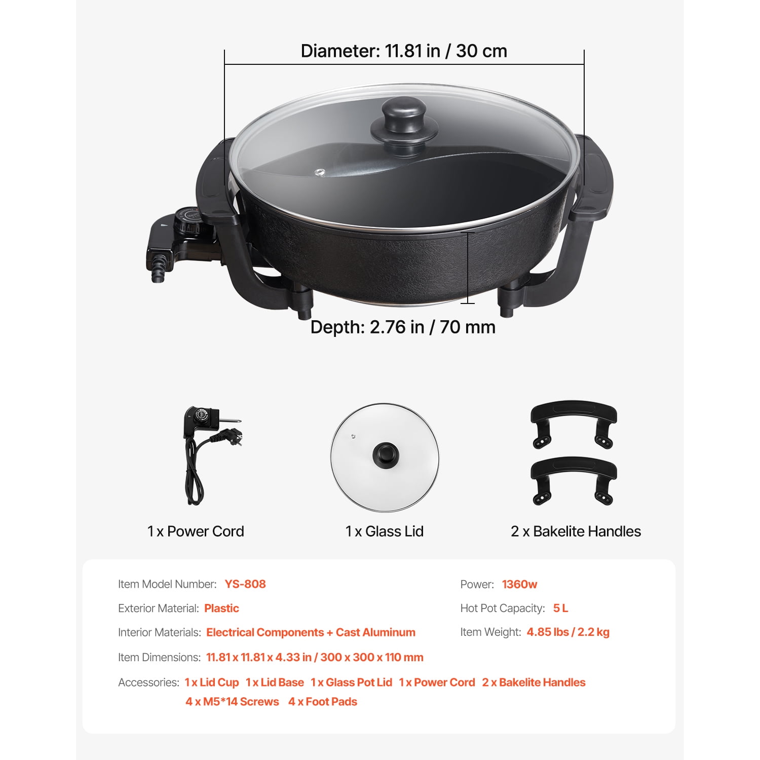 KFFKFF 1360W 5L Electric Hot Pot 5L Electric Cooker Multifunctional Pot Non-Stick Shabu-shabu Hot Pot with Divider Double-Sided Shabu Hot Pot with Tempered Glass Lid