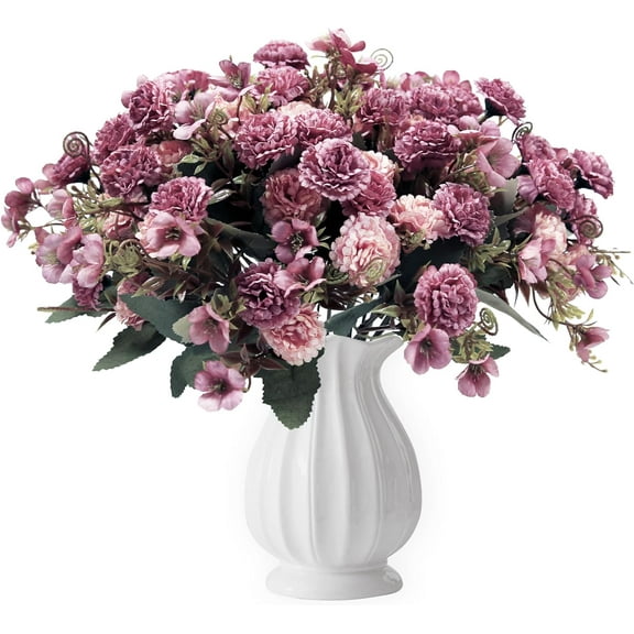 Artificial Flowers Faux Ball Chrysanthemum Bouquet Silk Purple Carnations Flowers Bridal Vintage Bouquet for Home Outdoor Front Door Wedding Decoration (6, Purple, Champagne)