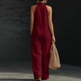 thumbnail image 4 of JULMCOMO Jumpsuits for Women Deep V Neck Halter Loose Fit Summer Outfits Sleeveless Wide Leg One Piece Casual Rompers with Pockets Wine L, 4 of 5