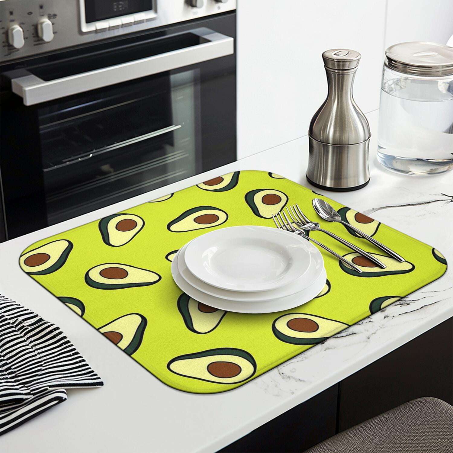 Avocado Art Kitchen Drying Mats 2 Pack - Absorbent Microfiber Dish Mat, Heat Resistant & Reusable Sink Drying Pad (Fruit Print)