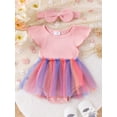 thumbnail image 2 of Bslissey Baby Girls Summer 2Pcs Outfits Ribbed Short Sleeve Gradient Tulle Skirt Hem Jumpsuit Newborn Infant Cute A-line Dress with Bow Headband 3M 6M 9M 12M 18M, 2 of 7