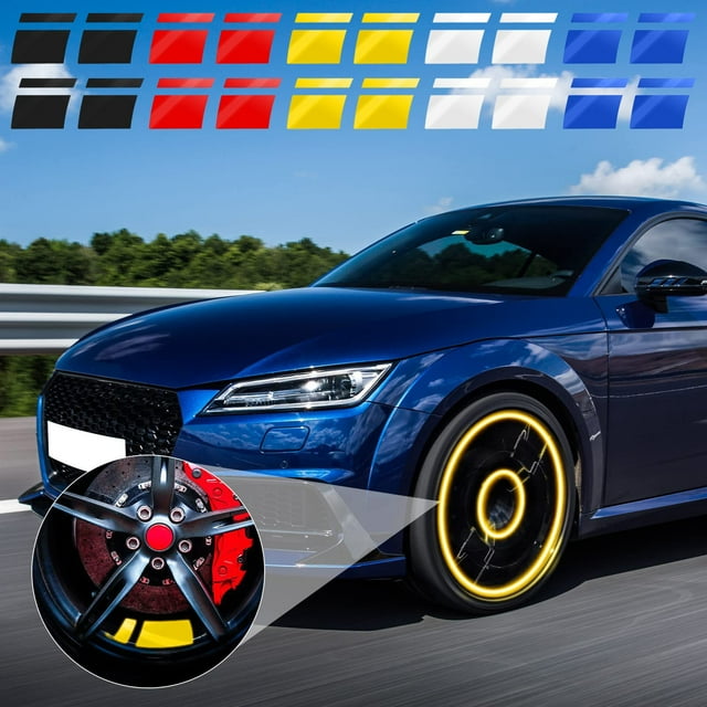 Pegatinas reflectantes para cubos de ruedas de coche (pack de 4) - Calcomanías de seguridad de 6x6 pulgadas para llantas de 18-21 pulgadas, rojo/azul/amarillo/blanco