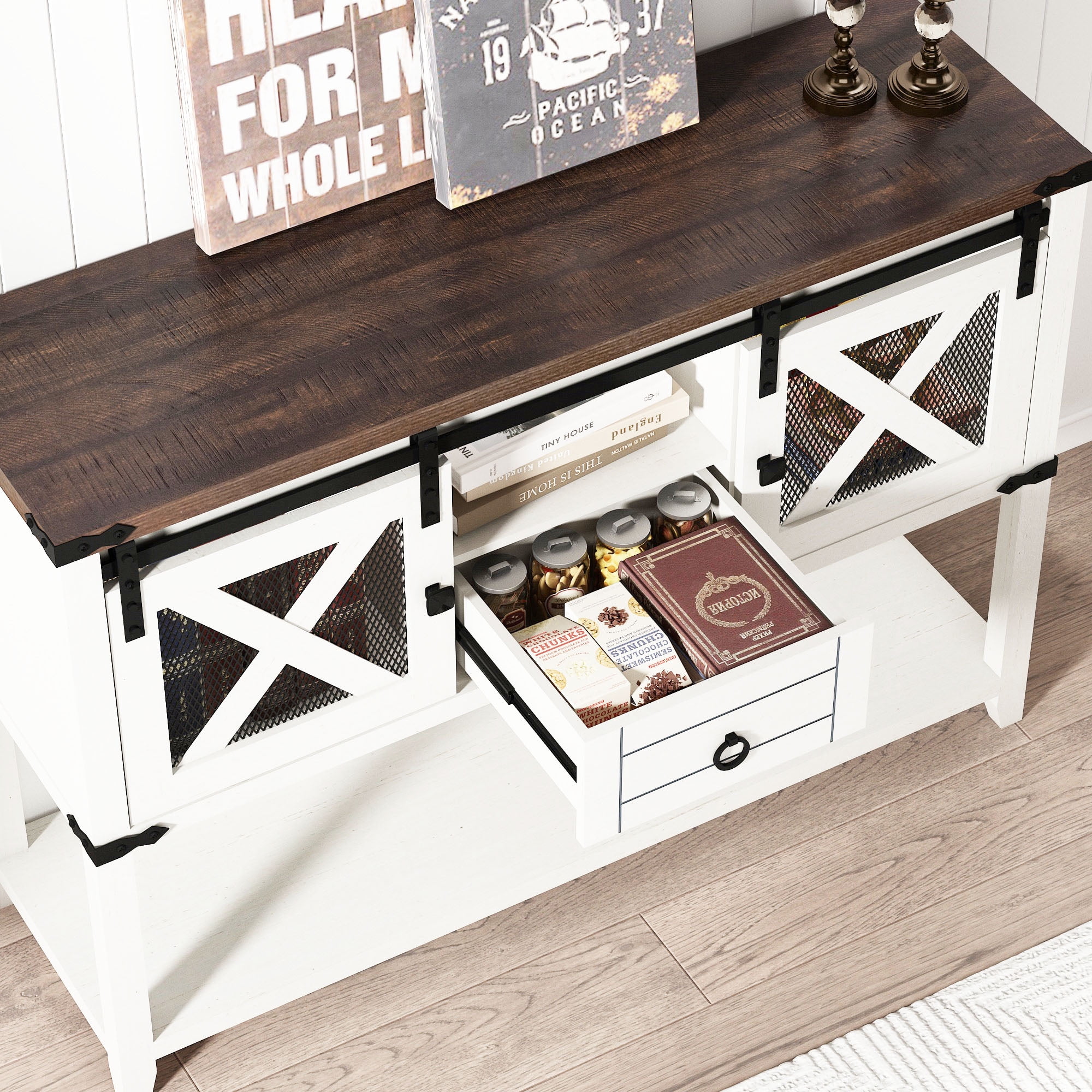 ANPOO Rustic Sofa Table, Large Console Table Entryway Table with 2 Barn Door Cabinets & 1 Drawer for Living Room