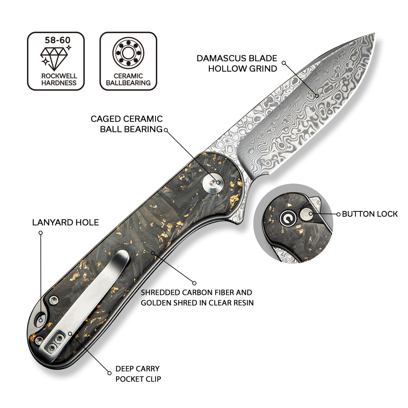 CIVIVI Elementum II Pocket Folding Knife, 2.96" Damascus Blade Knife C18062P-10