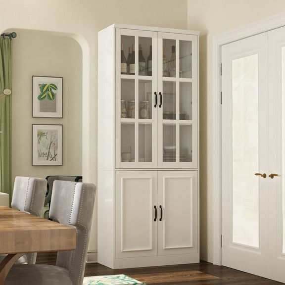 KULAGAGA 4-Door Kitchen Storage Cabinet, 78.7" Tall Freestanding Kitchen Pantry with Glass Door, White