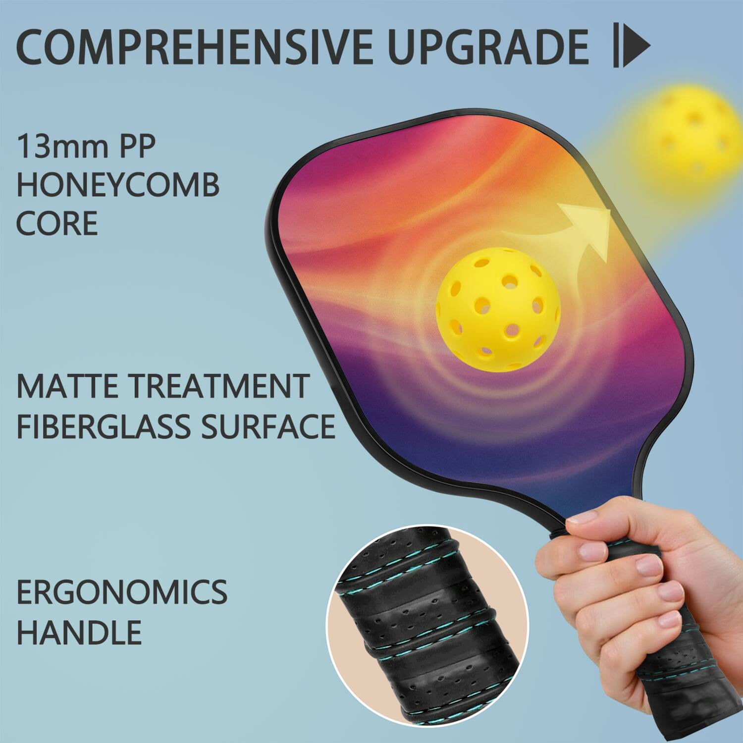 Pickleball Paddles Set Of 2, Fiberglass Surface, Fluid Smoke Aurora Art Style, 4 Balls & Bag