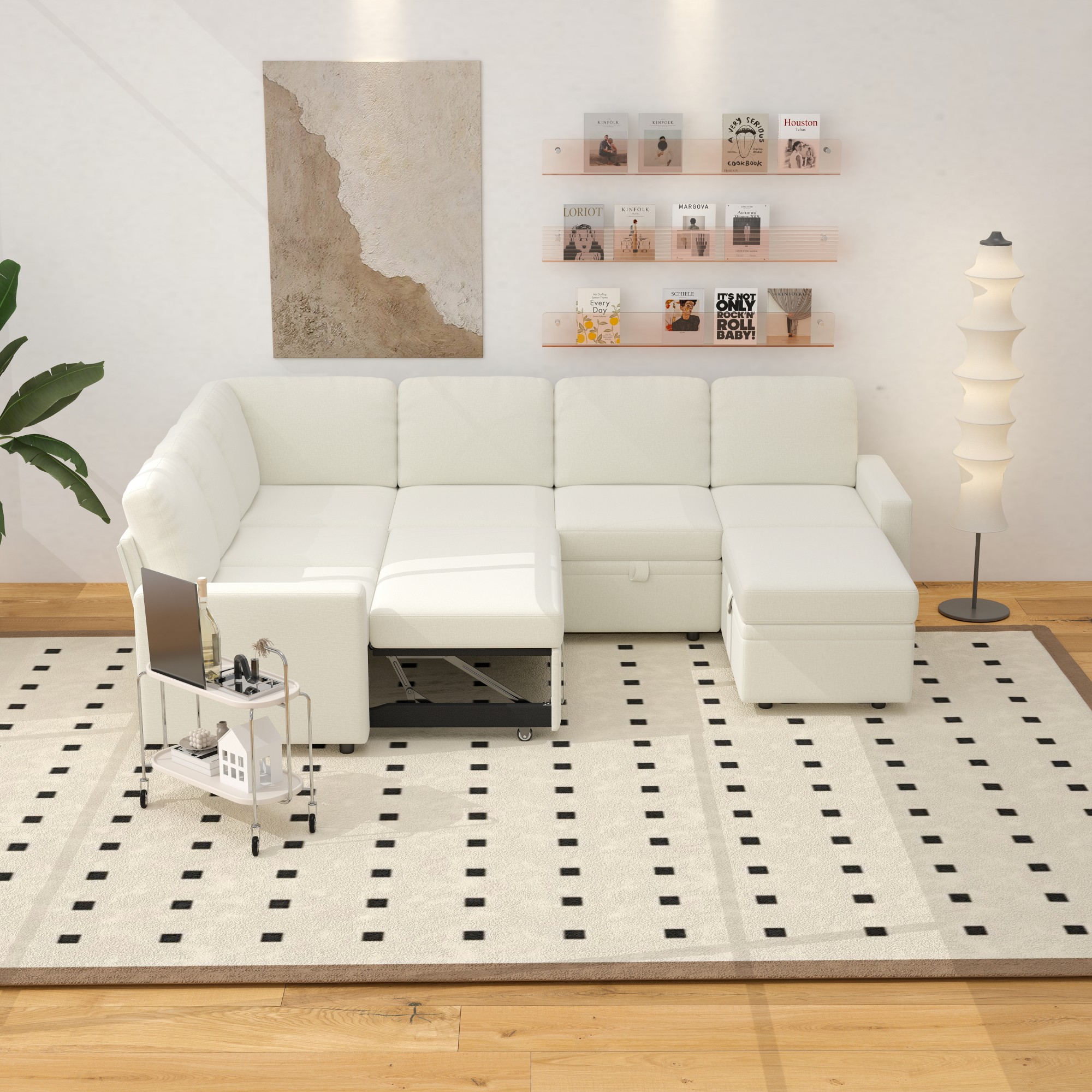 Gewnee 6-Seater Beige L-Shaped Convertible Sofa - Skin-Friendly & Wear-Resistant Chenille Fabric, Multifunctional Storage, for Living Rooms & Halls（including 1 footstool）