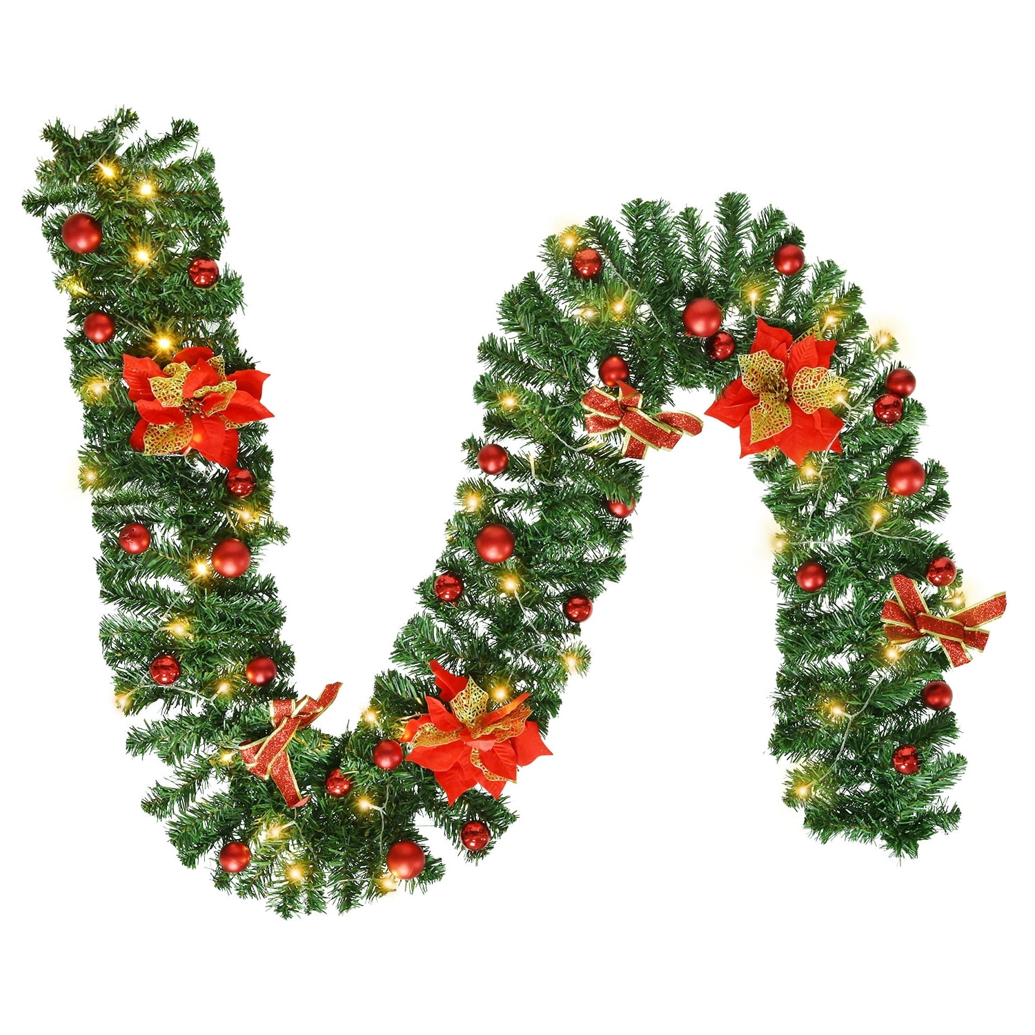 Coolmade 9ft Prelit Christmas Garland with Lights, Flowers and 30 Xmas