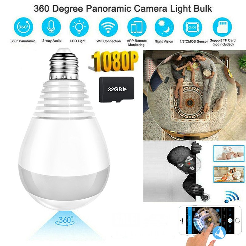 1080P Smart Bulb Security Camera, 360 Degree Panoramic 2.4G WiFi Camera