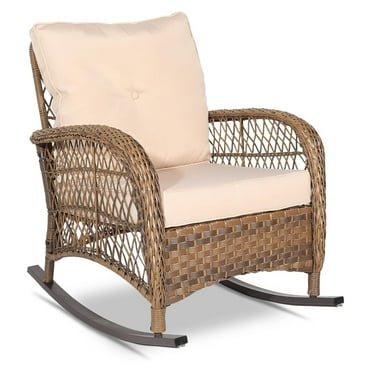 Outdoor Wicker Rocking Chair, Patio Rattan Rocker Chair with Cushions & Steel Frame, All-Weather Rocking Lawn Wicker Furniture for Garden Backyard Porch (Beige)