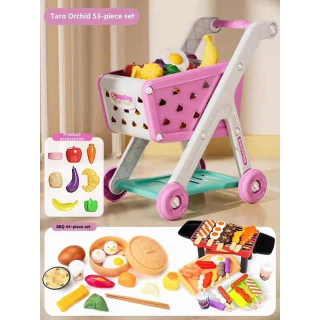 Kids' Pretend Play Shopping Cart Set with 53 Pieces - Taro Purple Design Including 44-Piece BBQ & Breakfast Playset, Durable ABS Material for Interactive Learning, Parent-Child Fun & Skill