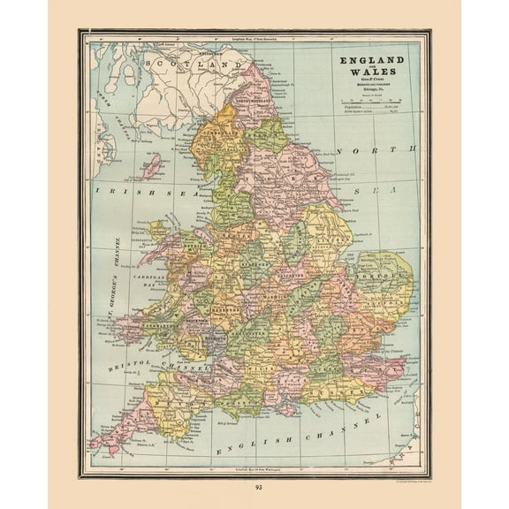 Historic Map - England Wales - Cram 1888 - 23 x 28.32 - Vintage Wall Art