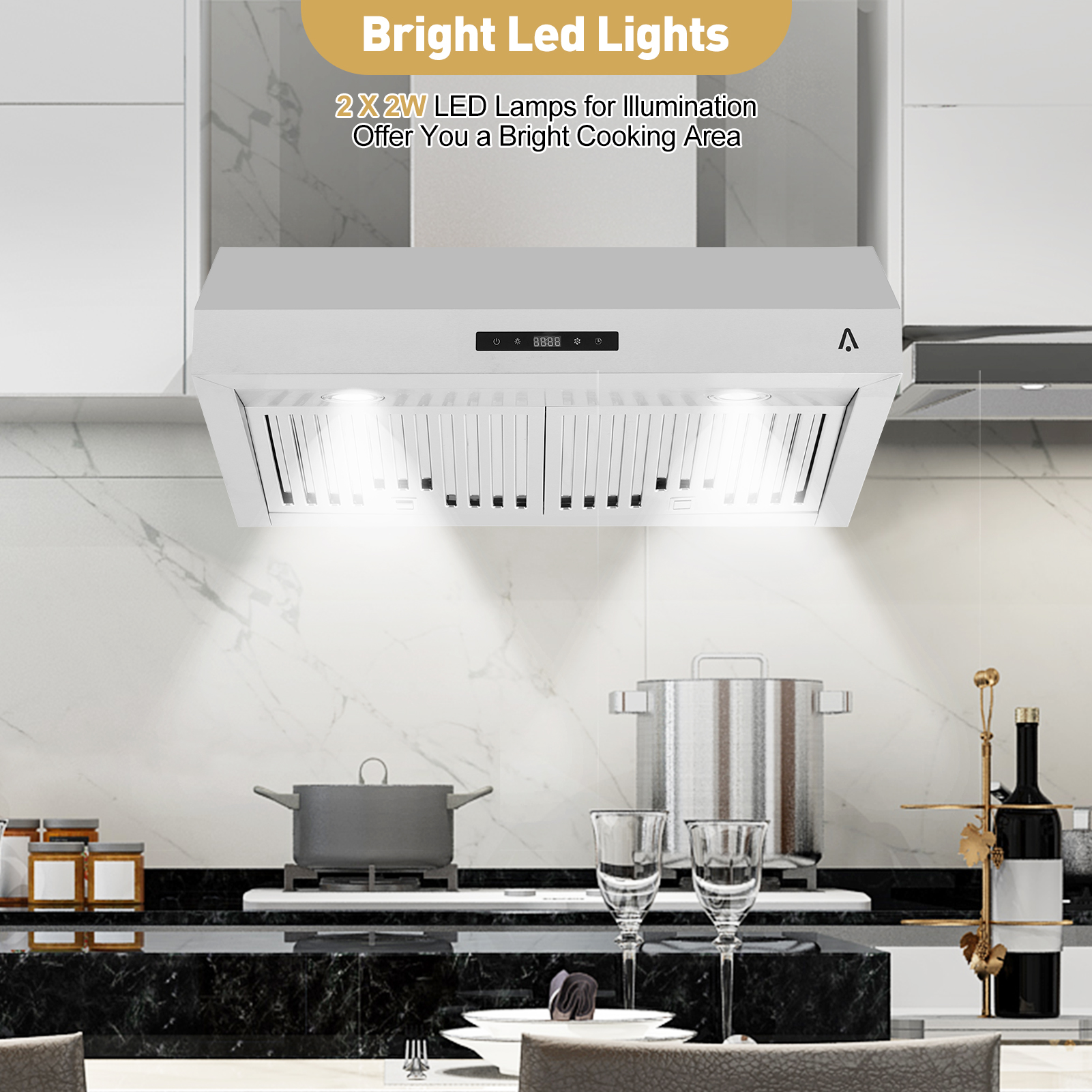 CazToi 30 Inch 400 CFM Stainless Steel Under Cabinet Range Hood Touch Control LED Lights Baffle Filter