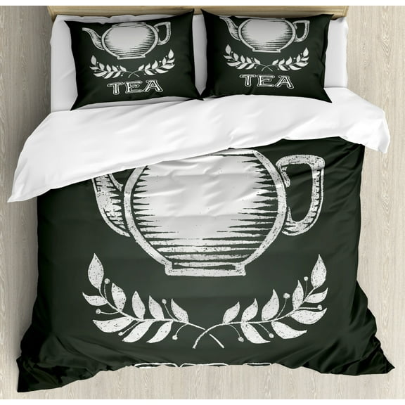 Tea Duvet Cover Set Queen Size, Teapot with Leaf Branches Drawn to Chalkboard Grunge Traditional Culture Print, Decorative 3 Piece Bedding Set with 2 Pillow Shams, Charcoal Grey White, by Ambesonne