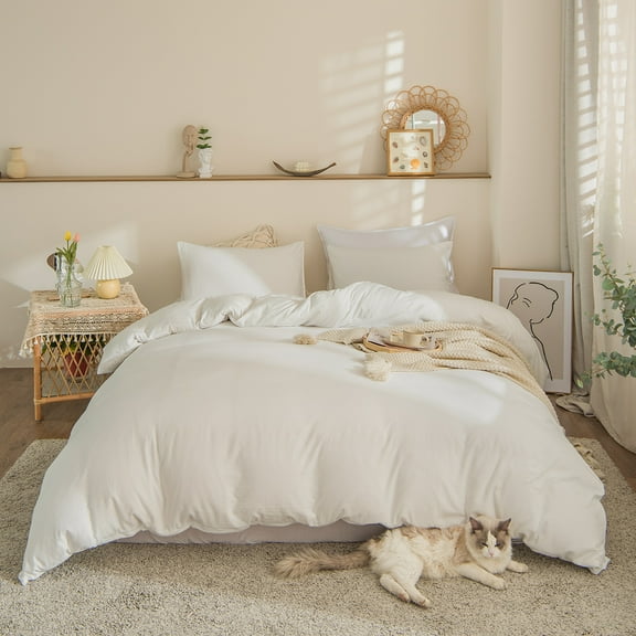 White Solid Bedding Sets King All White Duvet Cover Set Solid Pattern Washed Microfiber, No Filling