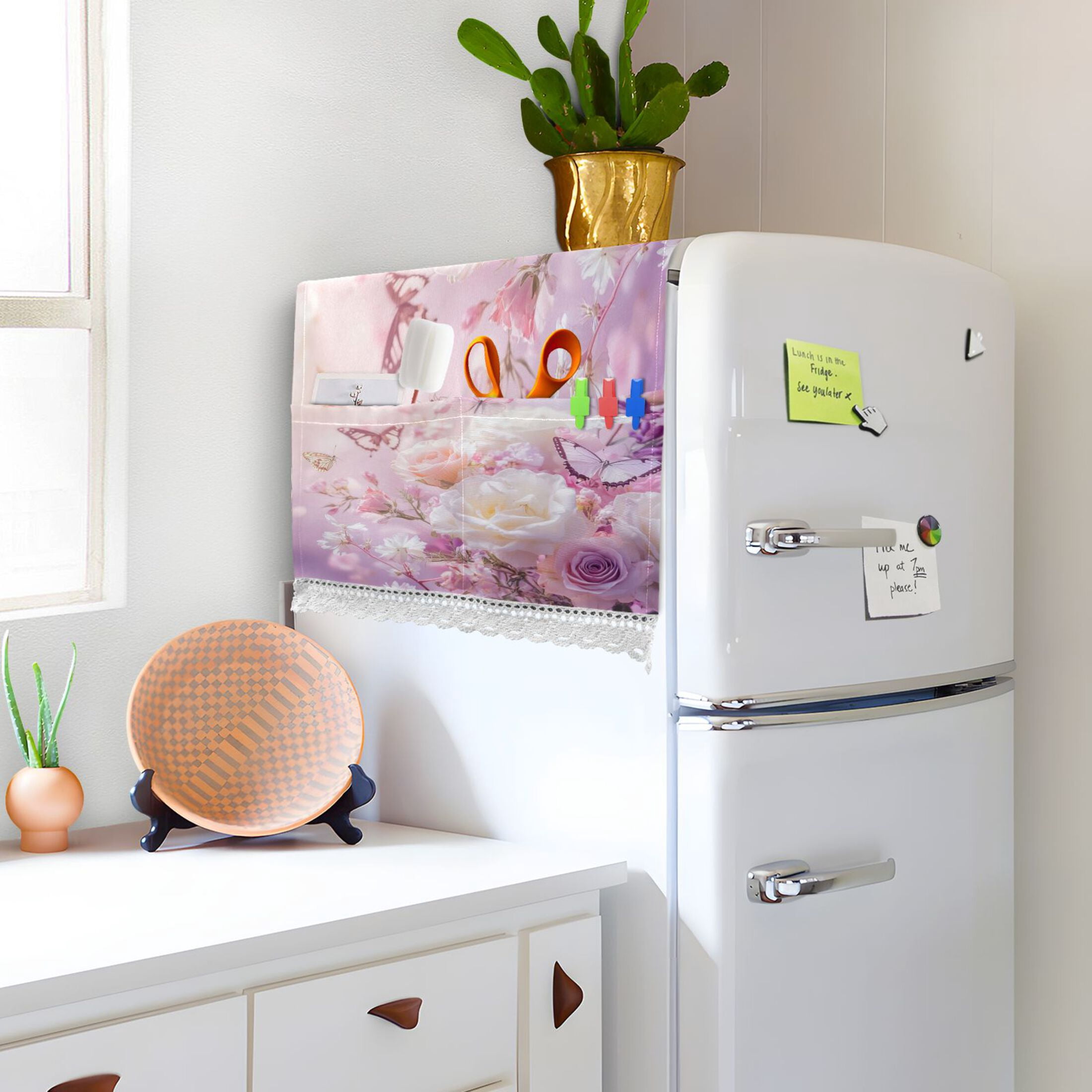 Washing Machine Cover 51.2x22in, Durable Polyester Dust Cover with Lace Trim and Side Pocket for Appliances Butterfly Garden